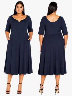 City Chic Cute Girl Elbow Sleeve Dress Navy Blue Plus Size 18 Medium Midi